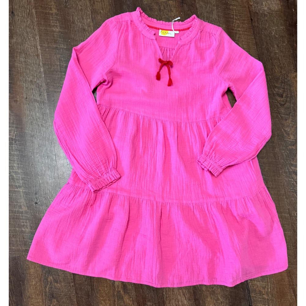Boden Girls Pink Cotton Gauze Tiered Dress 13-14Y Boho Tassel Pockets